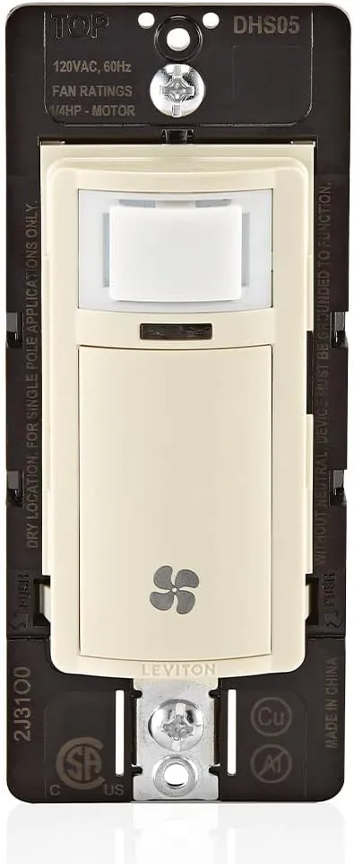 Leviton Decora in-Wall Humidity Sensor and Fan Control Switch, 1/4 HP, Residential Grade, Single Pole, Light Almond, DHS05-1LT