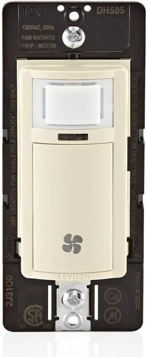 Leviton Decora in-Wall Humidity Sensor and Fan Control Switch, 1/4 HP, Residential Grade, Single Pole, Light Almond, DHS05-1LT