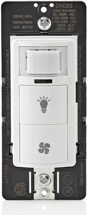 Leviton DHD05-1LW Dual Combination Humidity Sensor with Separate Light Switch, automate Bathroom Exhaust Fan, air Circulation, Moisture Control, Single Pole/Single Pole, ¼ HP, White