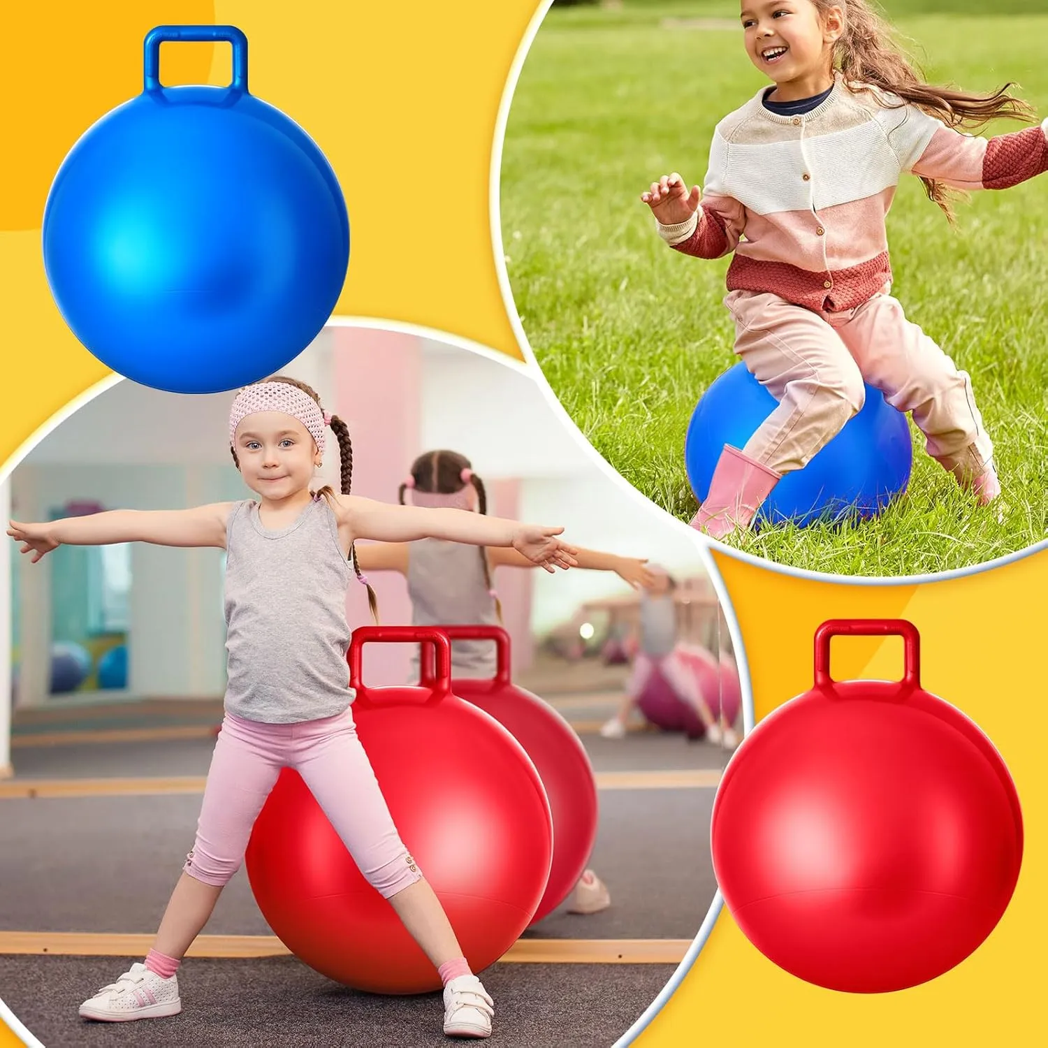 Lewtemi 2 Pcs 20 Inch Big Bouncing Ball with Handle Hopper Ball Jumping Hopping Ball Bouncy Ball for Adults Exercise Ball and Air Pump for Outdoor Sports Game(Red, Blue)