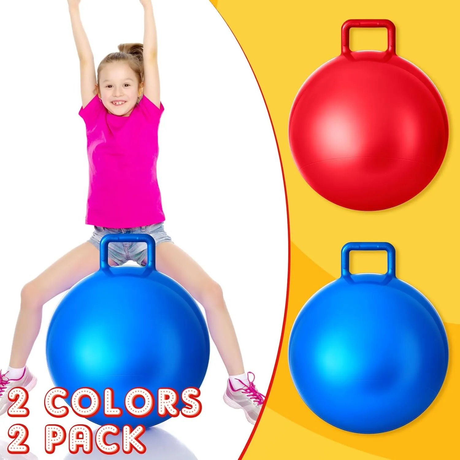 Lewtemi 2 Pcs 20 Inch Big Bouncing Ball with Handle Hopper Ball Jumping Hopping Ball Bouncy Ball for Adults Exercise Ball and Air Pump for Outdoor Sports Game(Red, Blue)