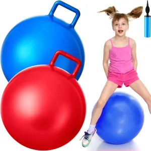 Lewtemi 2 Pcs 20 Inch Big Bouncing Ball with Handle Hopper Ball Jumping Hopping Ball Bouncy Ball for Adults Exercise Ball and Air Pump for Outdoor Sports Game(Red, Blue)