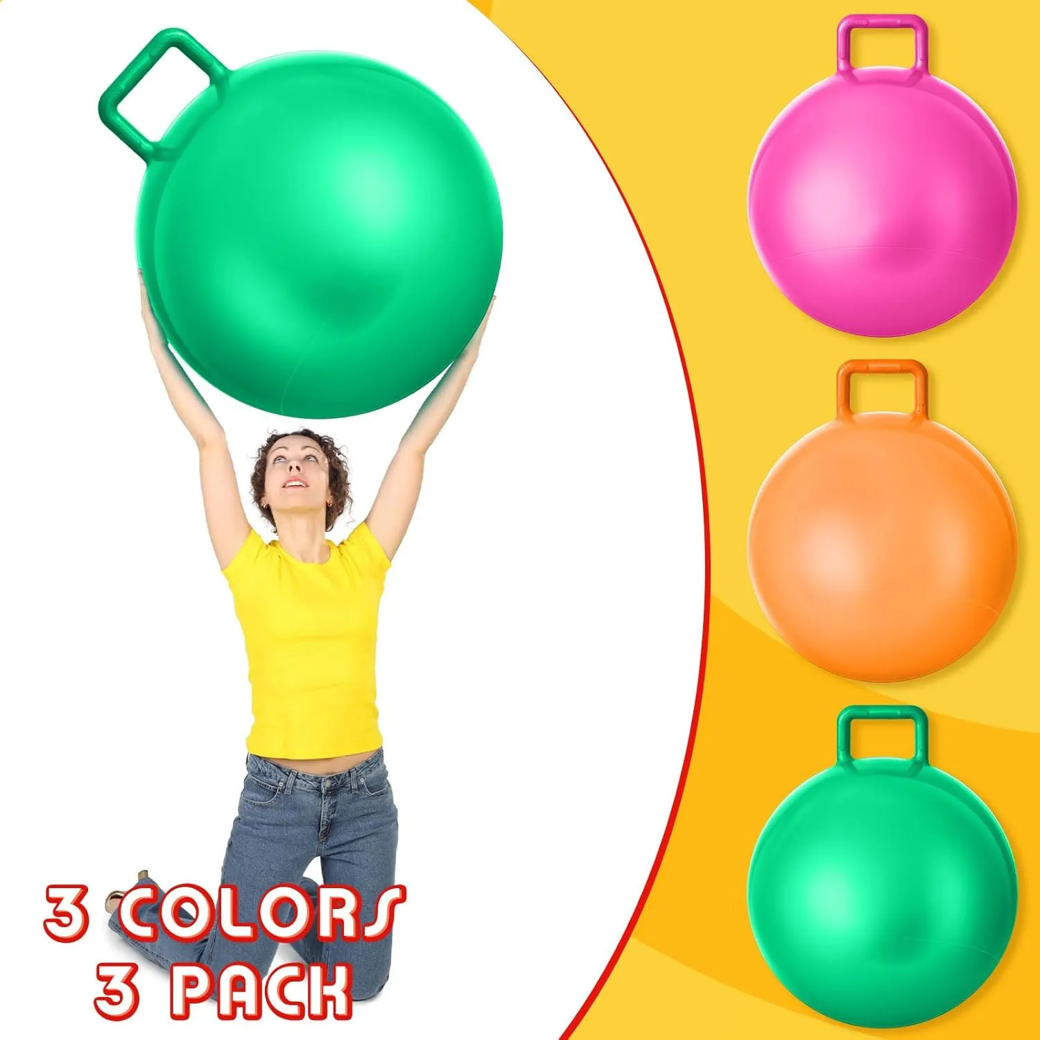 Lewtemi 3 Pcs 29 inch Bouncing Ball with Handle, Outdoors Hopper Jumping Hopping Ball and Air Pump for Sports School Games Exercise (Green, Orange, Pink)