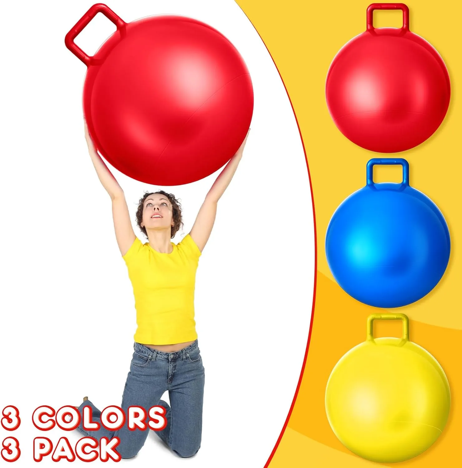 Lewtemi 3 Pcs 31 Inch Bouncing Ball with Handle, Outdoors Hopper Jumping Hopping Ball and Air Pump for Sports School Games Exercise (Red, Blue, Yellow)