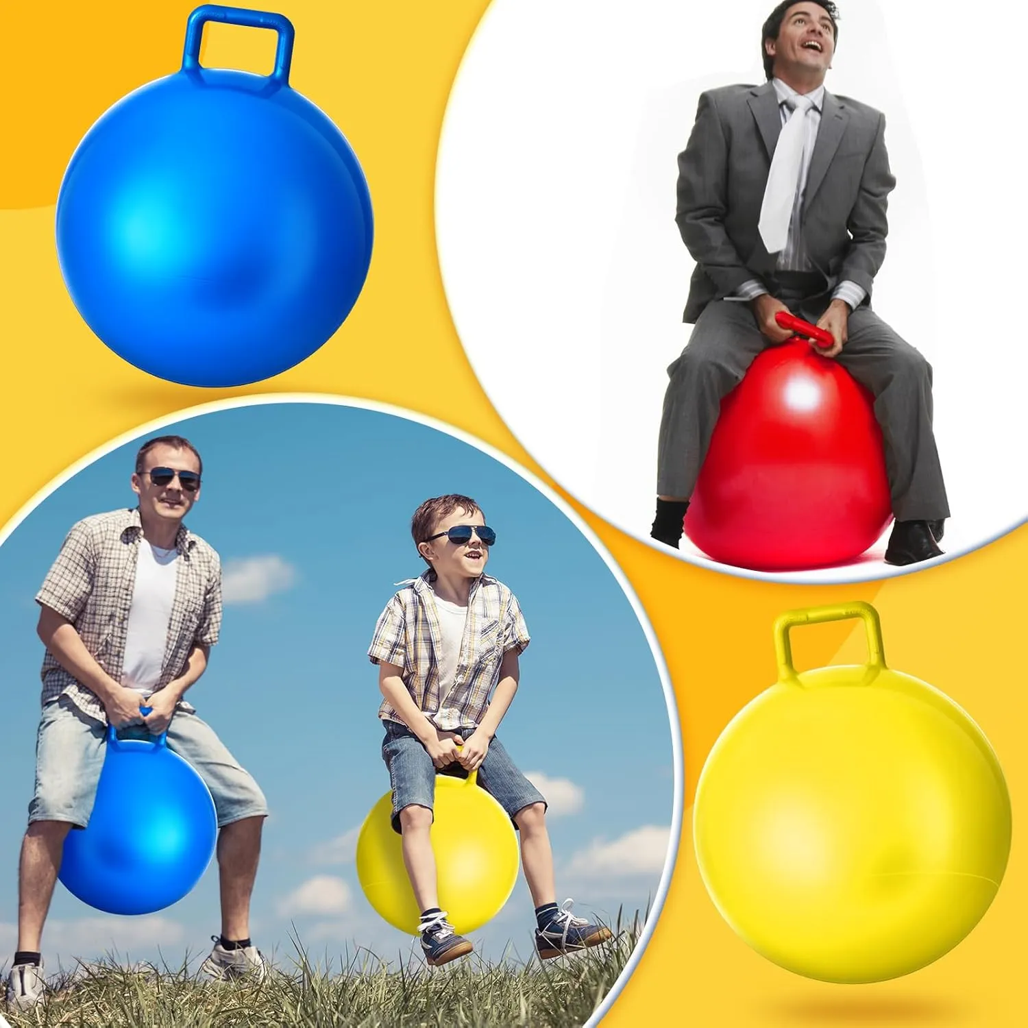 Lewtemi 3 Pcs 31 Inch Bouncing Ball with Handle, Outdoors Hopper Jumping Hopping Ball and Air Pump for Sports School Games Exercise (Red, Blue, Yellow)