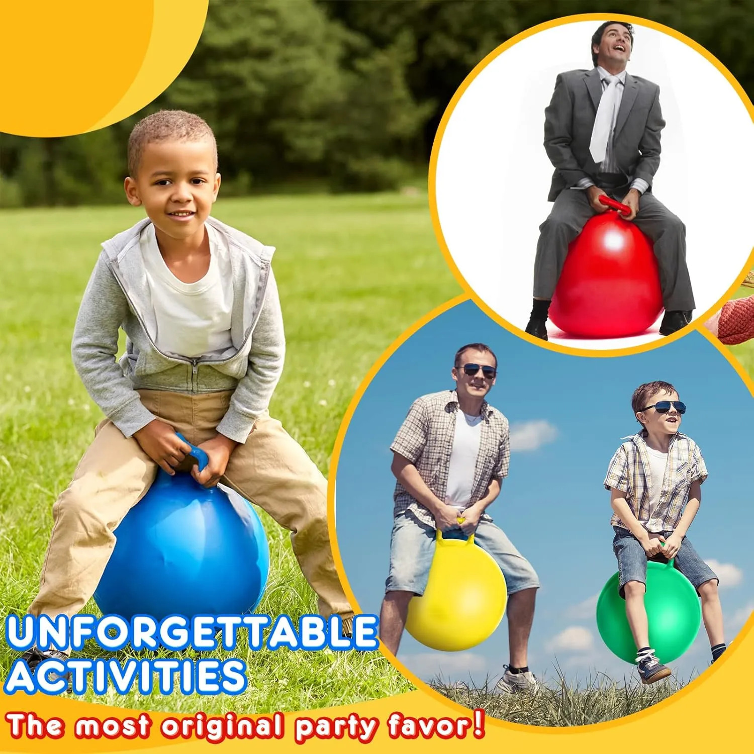 Lewtemi 6 Pcs Hopper Ball Carnival Outdoor Games 15 Inch Jumping Hopping Inflatable Bouncing Ball with Handle and Air Pump for Kids Sport Exercise (Red, Blue, Green, Pink, Yellow, Purple)