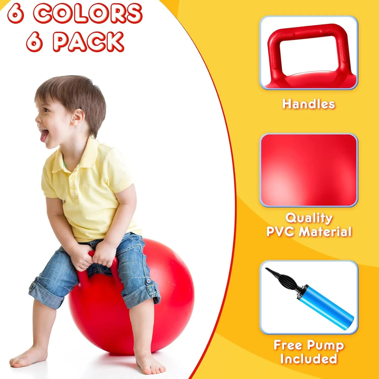 Lewtemi 6 Pcs Hopper Ball Carnival Outdoor Games 15 Inch Jumping Hopping Inflatable Bouncing Ball with Handle and Air Pump for Kids Sport Exercise (Red, Blue, Green, Pink, Yellow, Purple)