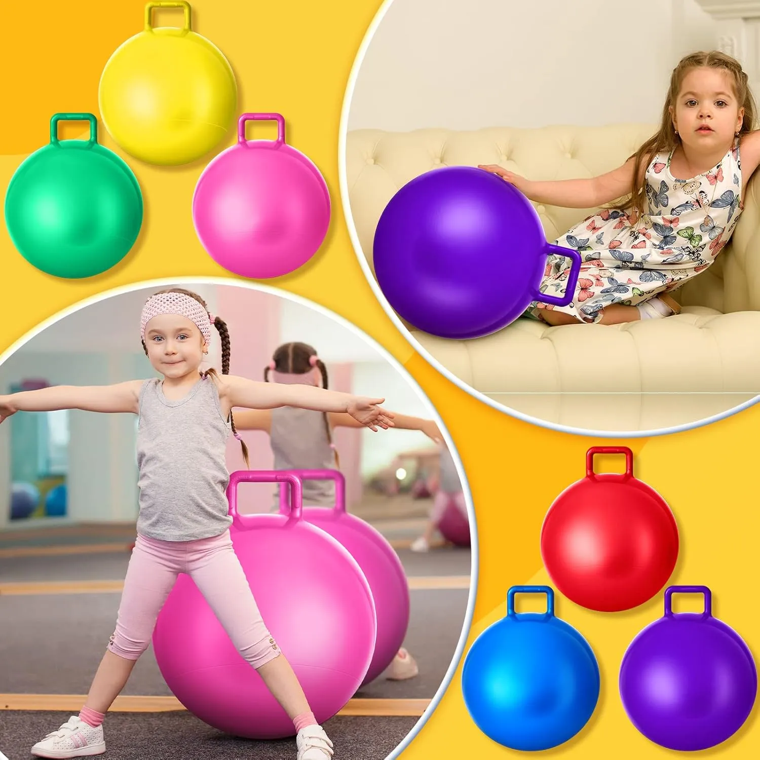 Lewtemi 6 Pcs Hopper Ball Carnival Outdoor Games 15 Inch Jumping Hopping Inflatable Bouncing Ball with Handle and Air Pump for Kids Sport Exercise (Red, Blue, Green, Pink, Yellow, Purple)