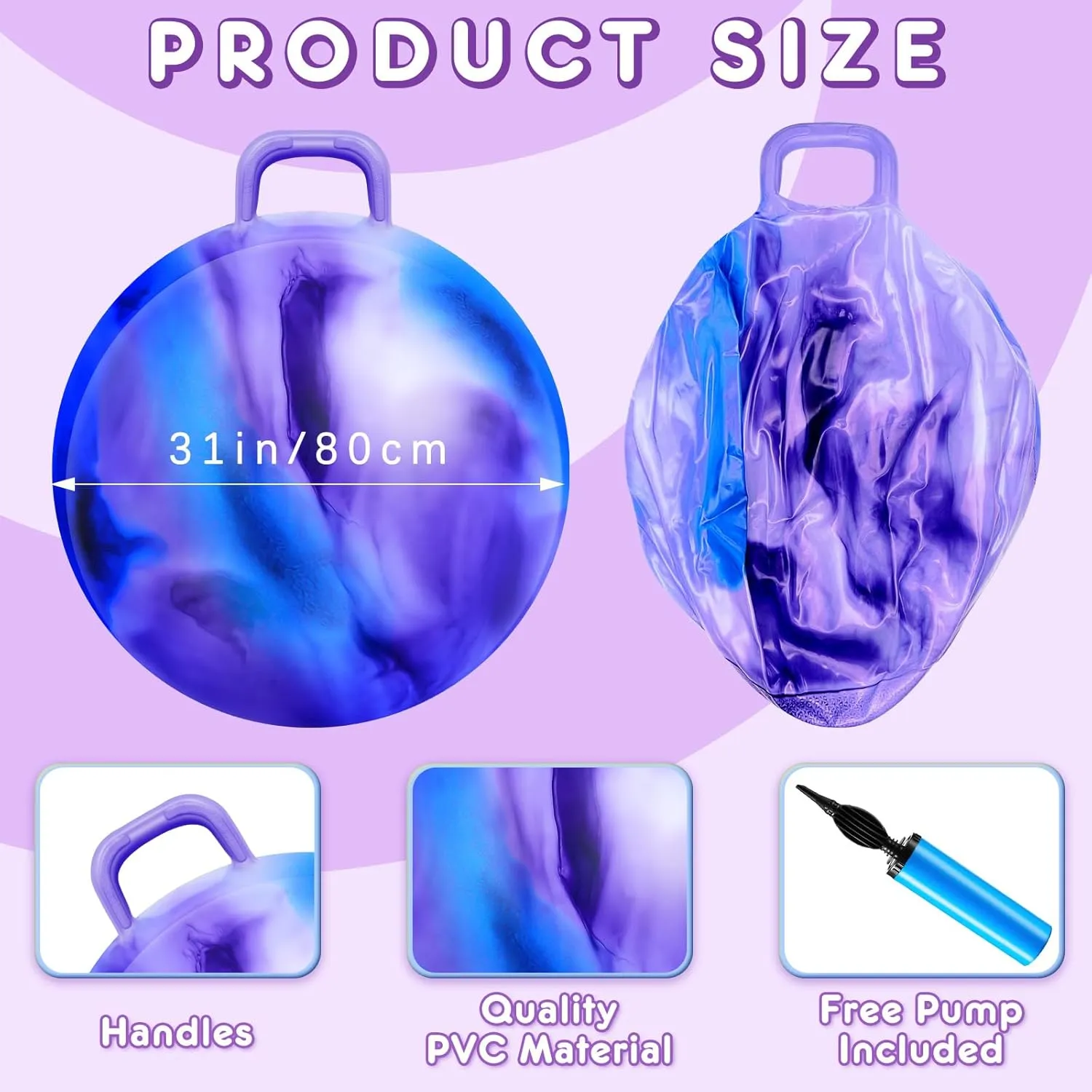 Lewtemi Hopper Ball for Adults, 31 Inch Bouncing Ball Hippity with Handle Rubber Hop, Jumping Hopping Exercise with Air Pump for Outdoors Sports Exercise (Blue Purple Cloud)