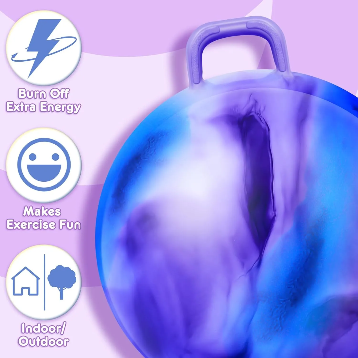 Lewtemi Hopper Ball for Adults, 31 Inch Bouncing Ball Hippity with Handle Rubber Hop, Jumping Hopping Exercise with Air Pump for Outdoors Sports Exercise (Blue Purple Cloud)