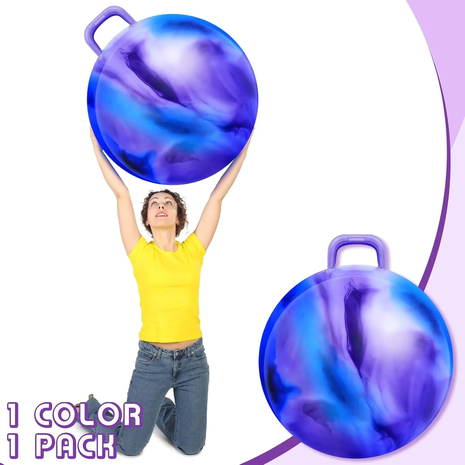 Lewtemi Hopper Ball for Adults, 31 Inch Bouncing Ball Hippity with Handle Rubber Hop, Jumping Hopping Exercise with Air Pump for Outdoors Sports Exercise (Blue Purple Cloud)