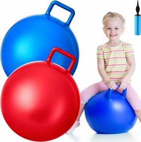 Lewtemi 2 Pcs 18 Inch Big Hopper Ball Jumping Hopping Inflatable Bouncing Ball with Handle and Air Pump for Adults Carnival Outdoor Sports Game(Red, Blue)