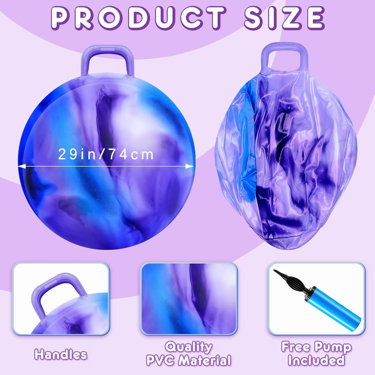 Lewtemi 2 Pcs 29 Inch Big Hopper Ball Jumping Hopping Inflatable Bouncing Ball with Handle and Air Pump for Adults Carnival Outdoor Sports Game(Blue Pink Cloud, Blue Purple Cloud)