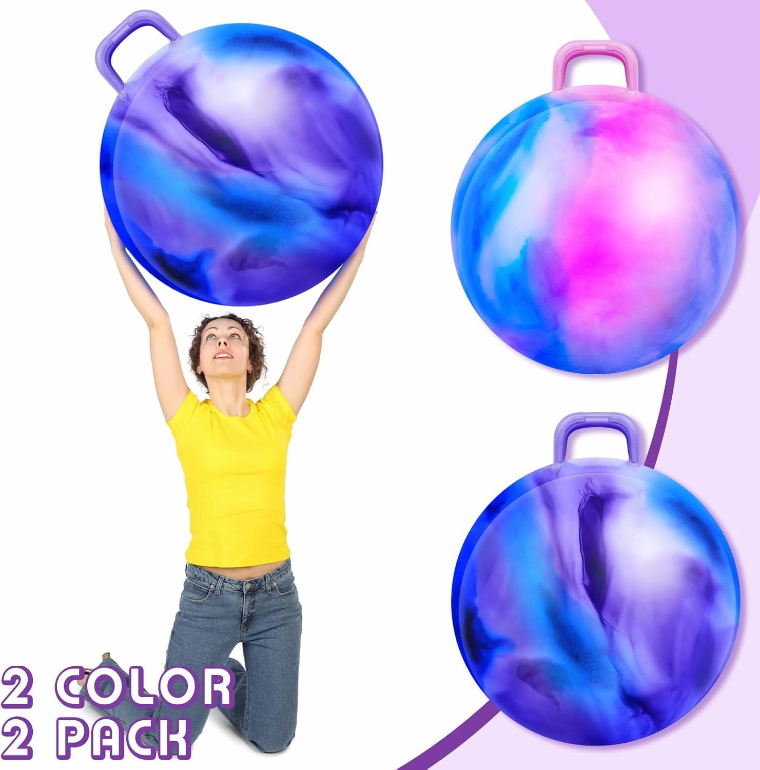 Lewtemi 2 Pcs 29 Inch Big Hopper Ball Jumping Hopping Inflatable Bouncing Ball with Handle and Air Pump for Adults Carnival Outdoor Sports Game(Blue Pink Cloud, Blue Purple Cloud)