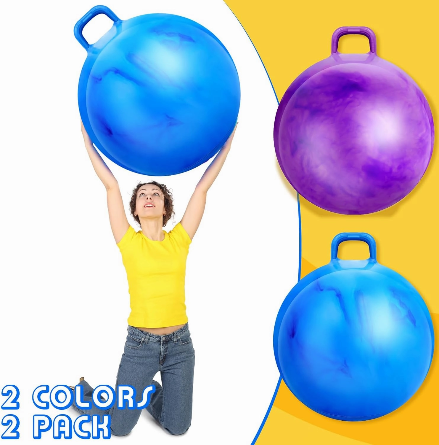 Lewtemi 2 Pcs 31 Inch Big Bouncing Ball with Handle Jumping Hopper Bouncy Ball for Adults Exercise and Air Pump for Outdoor Sports Game(Gradient Purple, Gradient Blue)