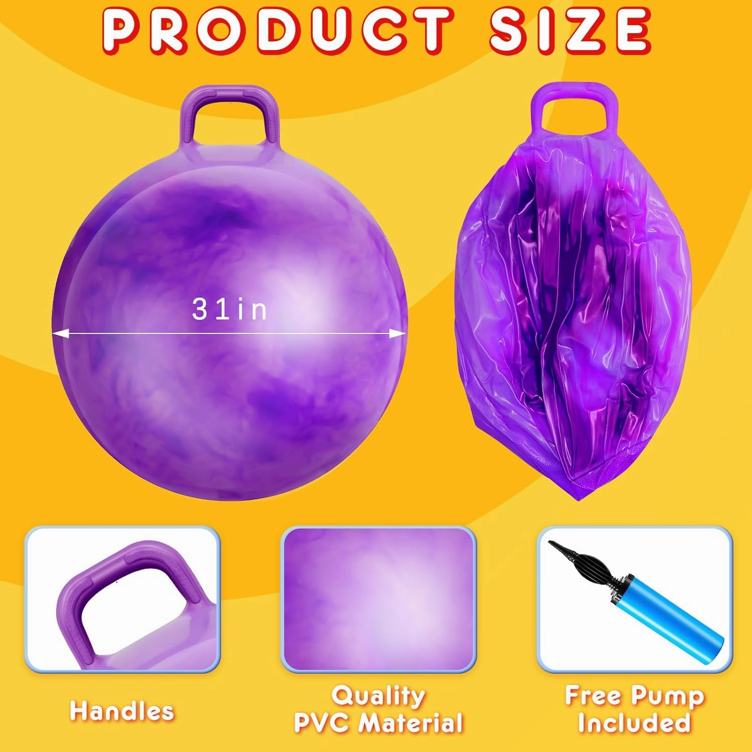 Lewtemi 2 Pcs 31 Inch Big Bouncing Ball with Handle Jumping Hopper Bouncy Ball for Adults Exercise and Air Pump for Outdoor Sports Game(Gradient Purple, Gradient Blue)