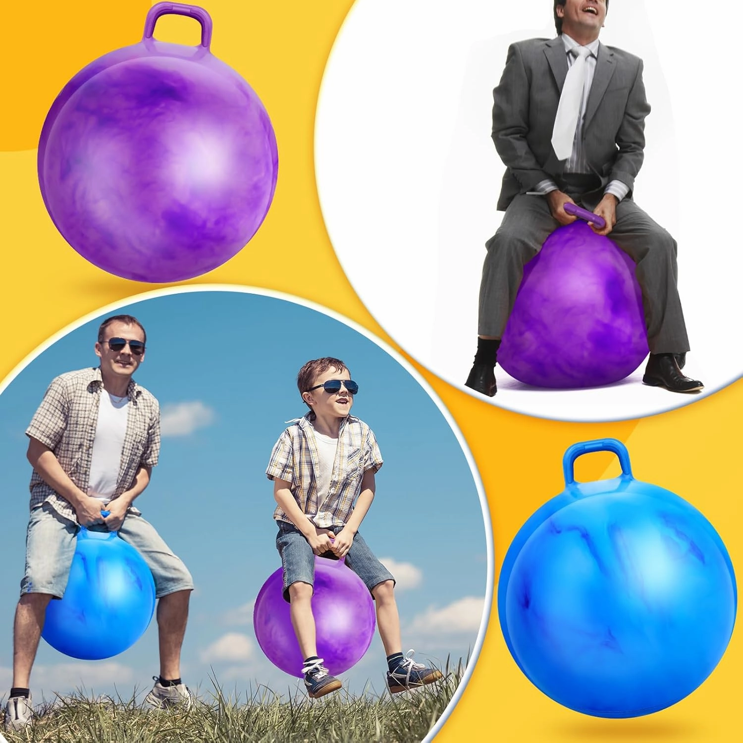 Lewtemi 2 Pcs 31 Inch Big Bouncing Ball with Handle Jumping Hopper Bouncy Ball for Adults Exercise and Air Pump for Outdoor Sports Game(Gradient Purple, Gradient Blue)
