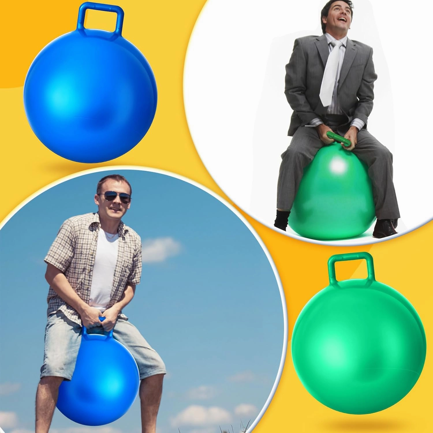 Lewtemi 2 Pcs 31 Inch Big Hopper Ball Jumping Hopping Inflatable Bouncing Ball with Handle and Air Pump for Adults Carnival Outdoor Sports Game(Blue, Green)