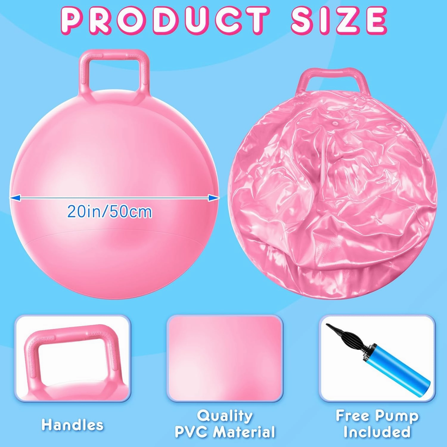 Lewtemi 6 Pcs Hopper Ball Carnival Outdoor Games 20 Inch Jumping Hopping Inflatable Bouncing Ball with Handle and Air Pump for Adults Sport Exercise (Light Colors)
