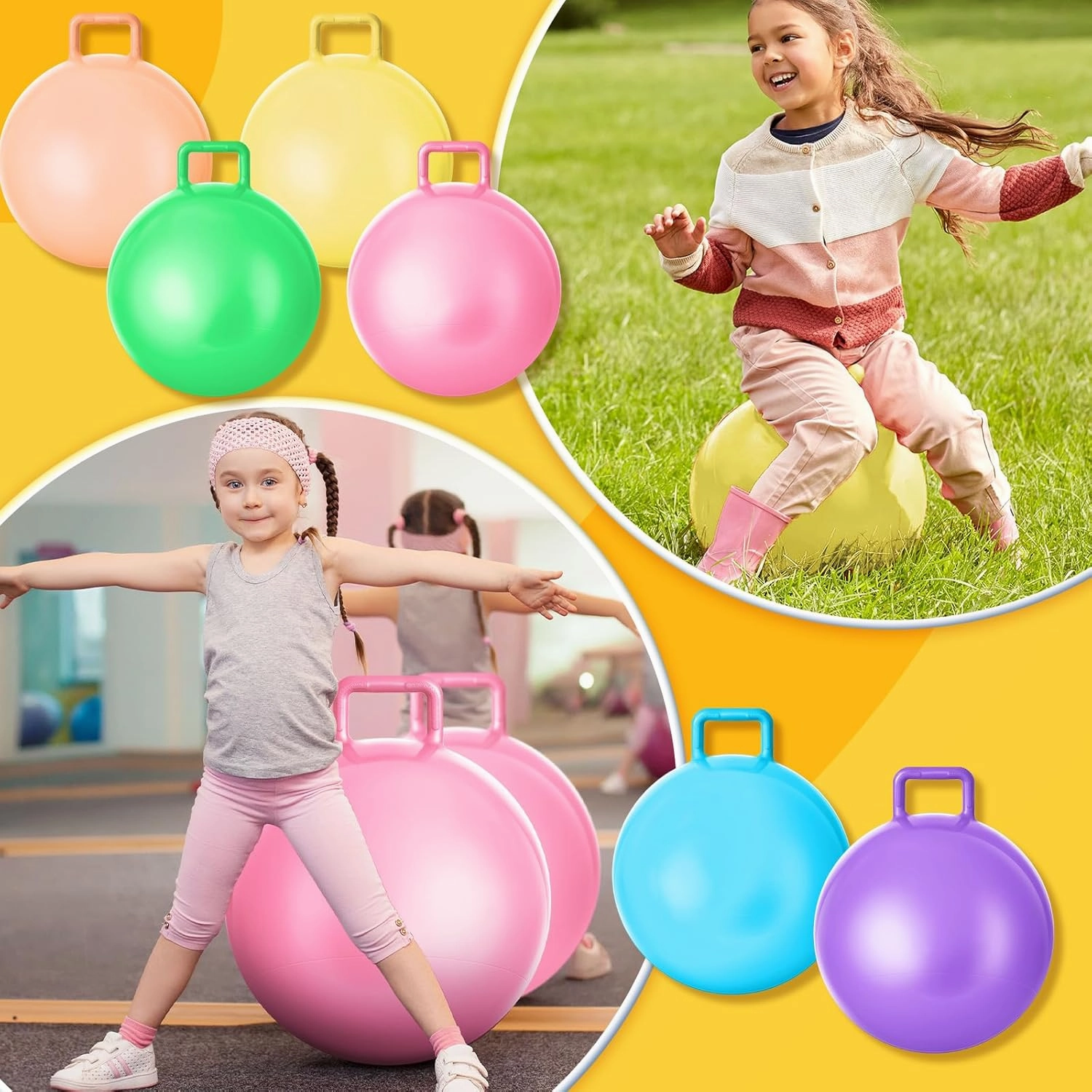 Lewtemi 6 Pcs Hopper Ball Carnival Outdoor Games 20 Inch Jumping Hopping Inflatable Bouncing Ball with Handle and Air Pump for Adults Sport Exercise (Light Colors)