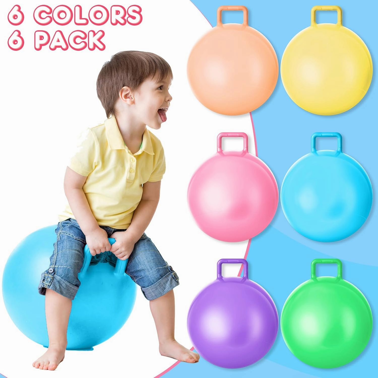 Lewtemi 6 Pcs Hopper Ball Carnival Outdoor Games 20 Inch Jumping Hopping Inflatable Bouncing Ball with Handle and Air Pump for Adults Sport Exercise (Light Colors)