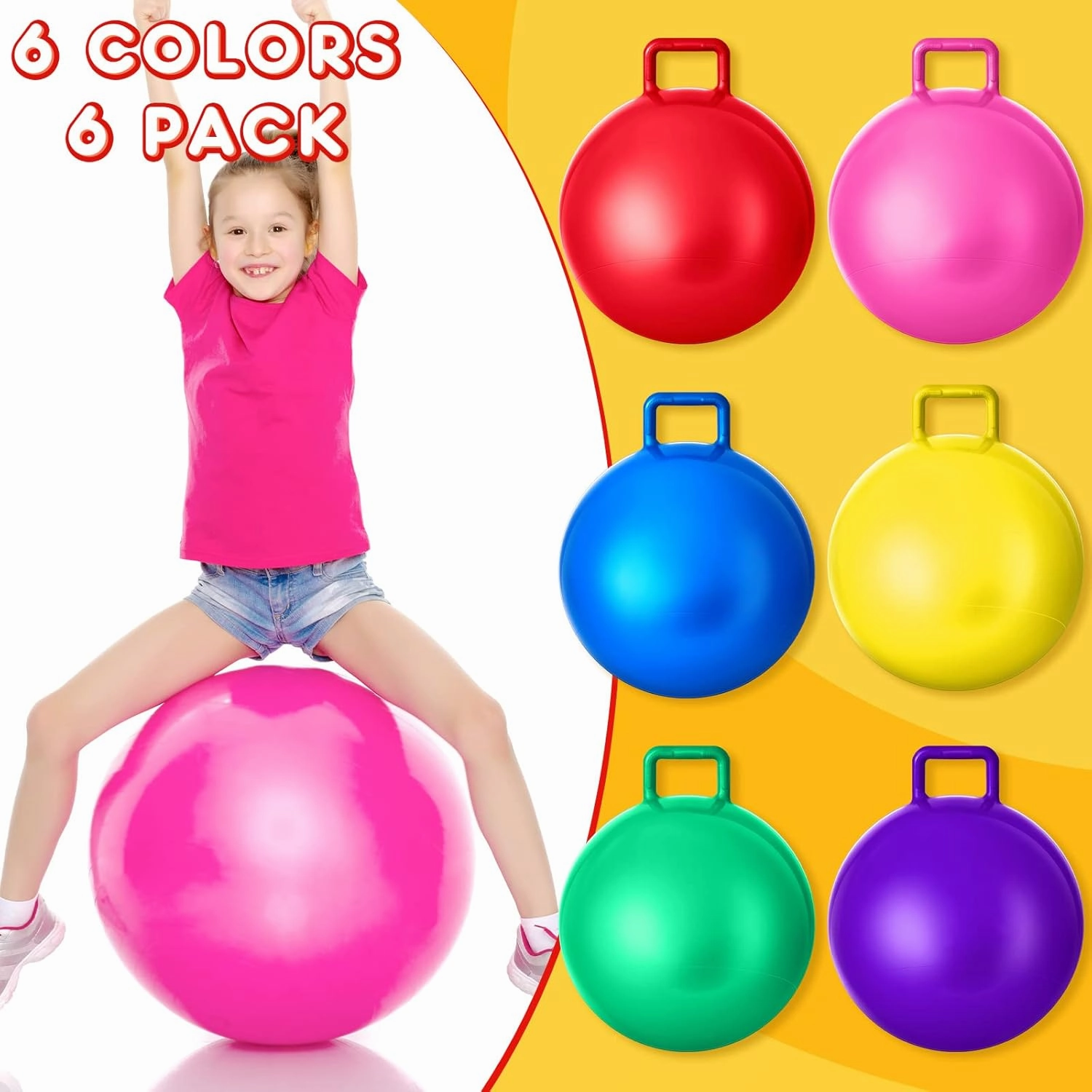 Lewtemi 6 Pcs Hopper Ball Carnival Outdoor Games 20 Inch Jumping Hopping Inflatable Bouncing Ball with Handle and Air Pump for Kids Sport Exercise (Red, Blue, Green, Pink, Yellow, Purple)