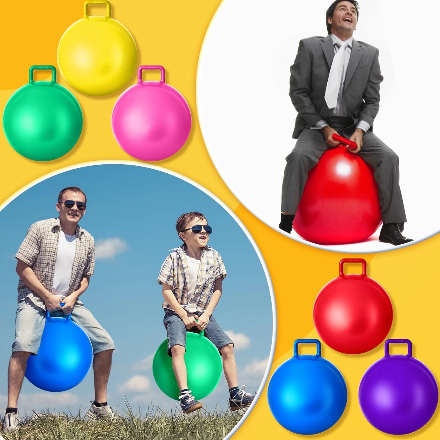 Lewtemi 6 Pcs Hopper Ball Carnival Outdoor Games 32 Inch Jumping Hopping Inflatable Bouncing Ball with Handle and Air Pump for Kids Sport Exercise (Red, Blue, Green, Pink, Yellow, Purple)