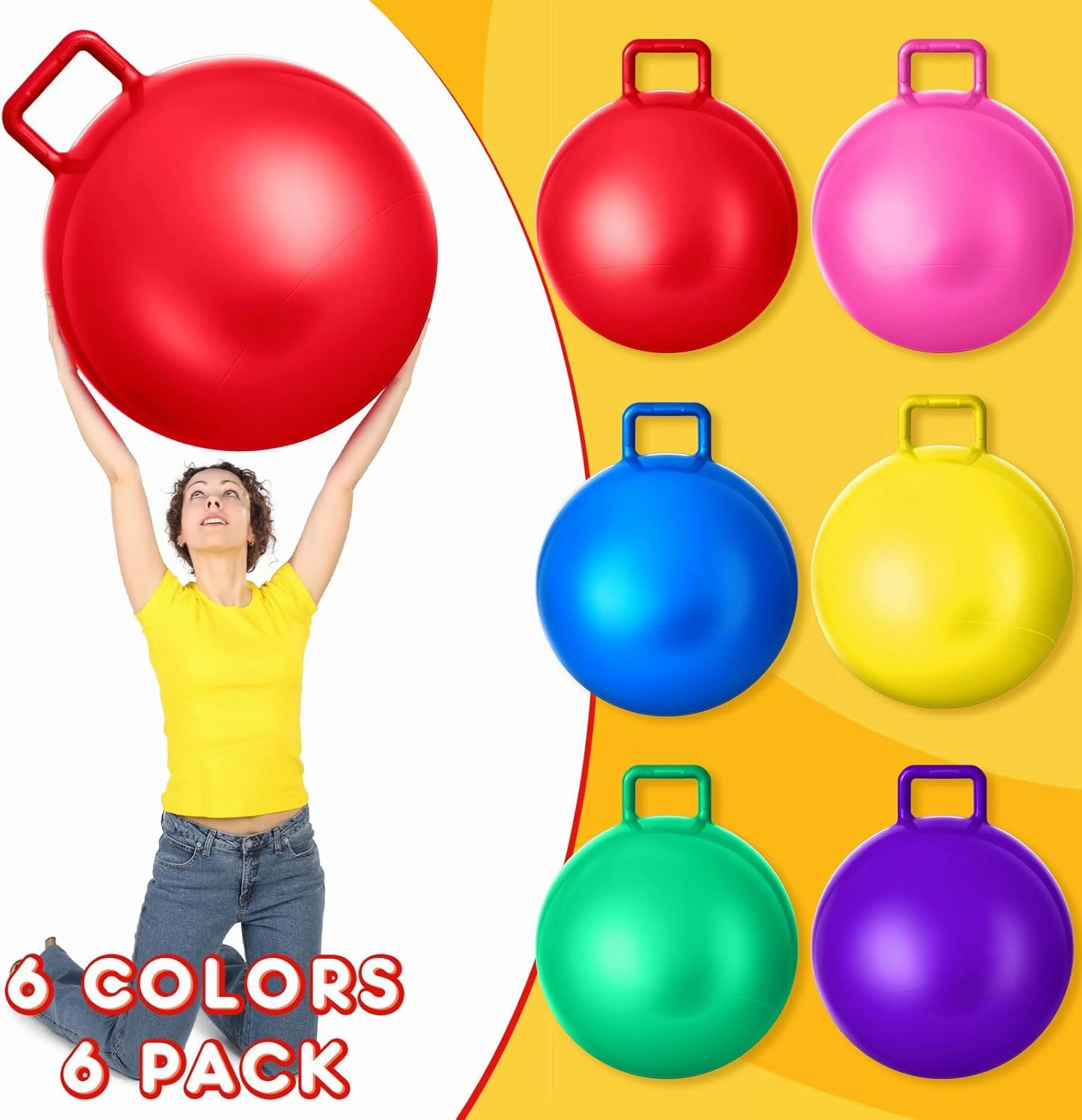 Lewtemi 6 Pcs Hopper Ball Carnival Outdoor Games 32 Inch Jumping Hopping Inflatable Bouncing Ball with Handle and Air Pump for Kids Sport Exercise (Red, Blue, Green, Pink, Yellow, Purple)