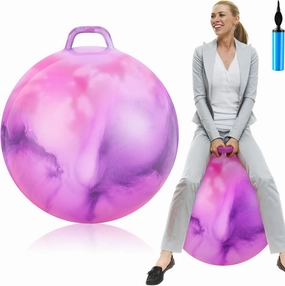 Lewtemi Hopper Ball for Adults, 29 Inch Bouncing Ball Hippity with Handle Rubber Hop, Jumping Hopping Exercise with Air Pump for Outdoors Sports Exercise (Pink Purple Cloud)