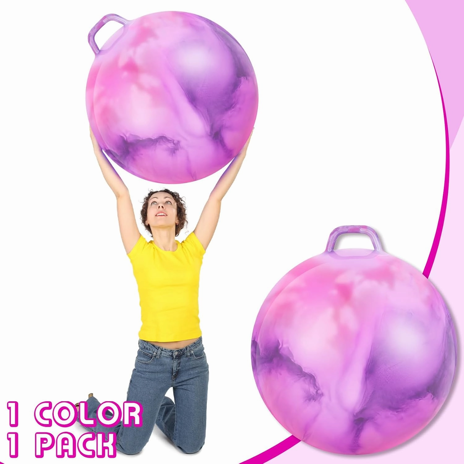 Lewtemi Hopper Ball for Adults, 29 Inch Bouncing Ball Hippity with Handle Rubber Hop, Jumping Hopping Exercise with Air Pump for Outdoors Sports Exercise (Pink Purple Cloud)