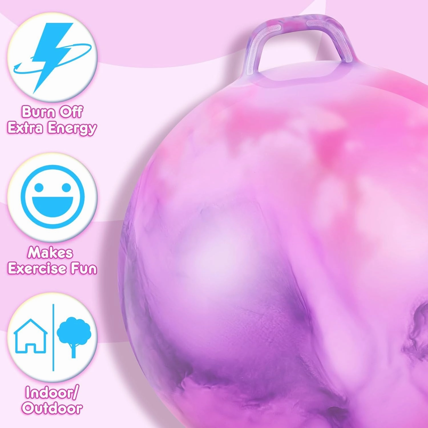 Lewtemi Hopper Ball for Adults, 29 Inch Bouncing Ball Hippity with Handle Rubber Hop, Jumping Hopping Exercise with Air Pump for Outdoors Sports Exercise (Pink Purple Cloud)