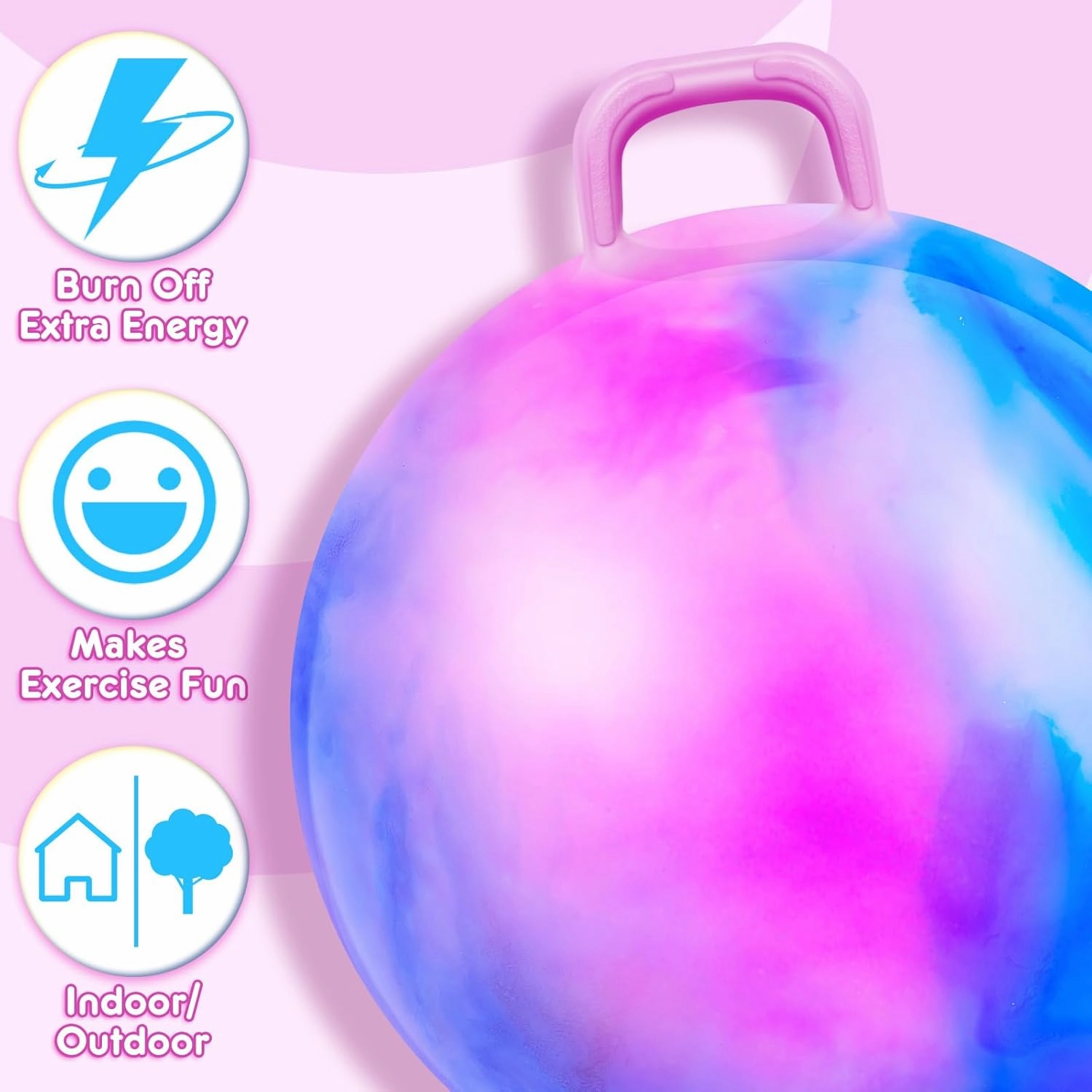Lewtemi Hopper Ball for Adults, 31 Inch Bouncing Ball Hippity with Handle Rubber Hop, Jumping Hopping Exercise with Air Pump for Outdoors Sports Games Exercise (Blue Pink Cloud)