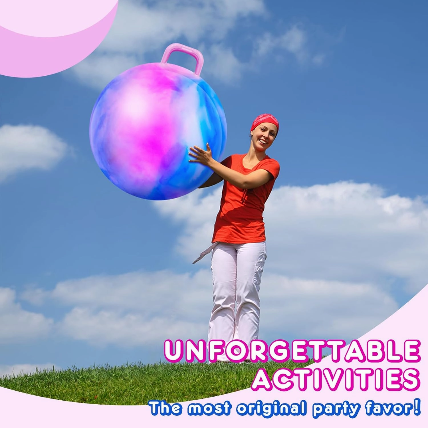 Lewtemi Hopper Ball for Adults, 31 Inch Bouncing Ball Hippity with Handle Rubber Hop, Jumping Hopping Exercise with Air Pump for Outdoors Sports Games Exercise (Blue Pink Cloud)