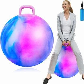Lewtemi Hopper Ball for Adults, 31 Inch Bouncing Ball Hippity with Handle Rubber Hop, Jumping Hopping Exercise with Air Pump for Outdoors Sports Games Exercise (Blue Pink Cloud)