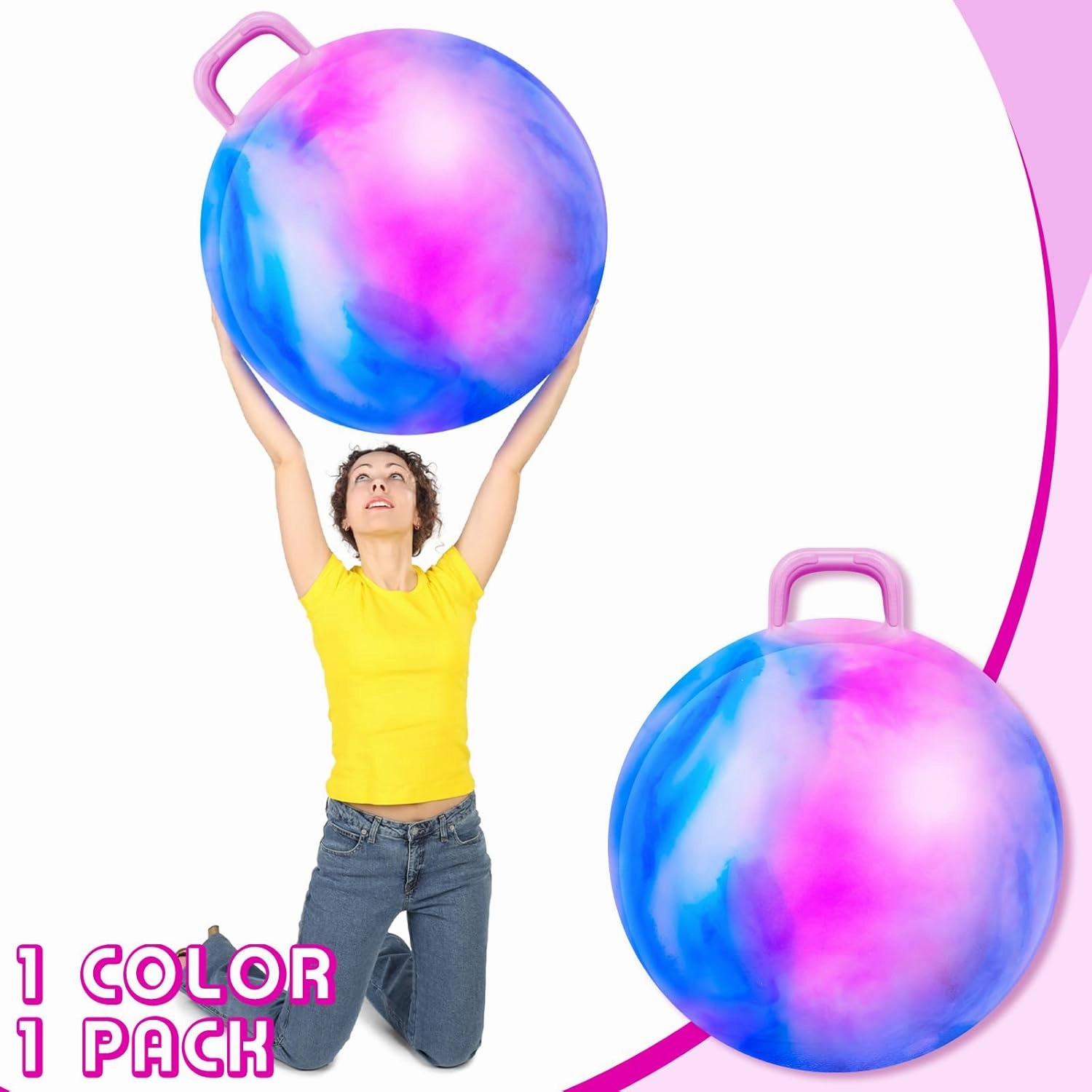 Lewtemi Hopper Ball for Adults, 31 Inch Bouncing Ball Hippity with Handle Rubber Hop, Jumping Hopping Exercise with Air Pump for Outdoors Sports Games Exercise (Blue Pink Cloud)