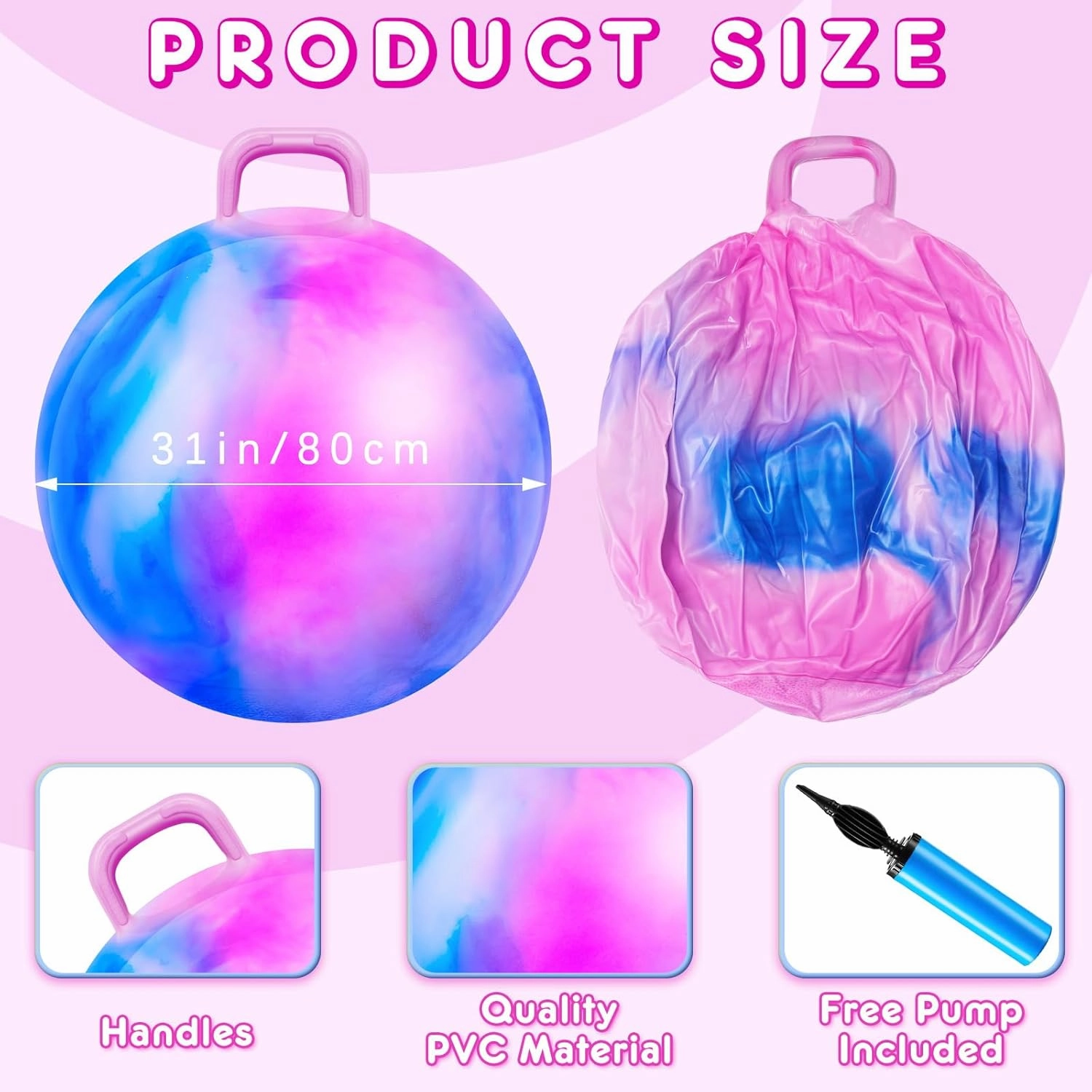 Lewtemi Hopper Ball for Adults, 31 Inch Bouncing Ball Hippity with Handle Rubber Hop, Jumping Hopping Exercise with Air Pump for Outdoors Sports Games Exercise (Blue Pink Cloud)