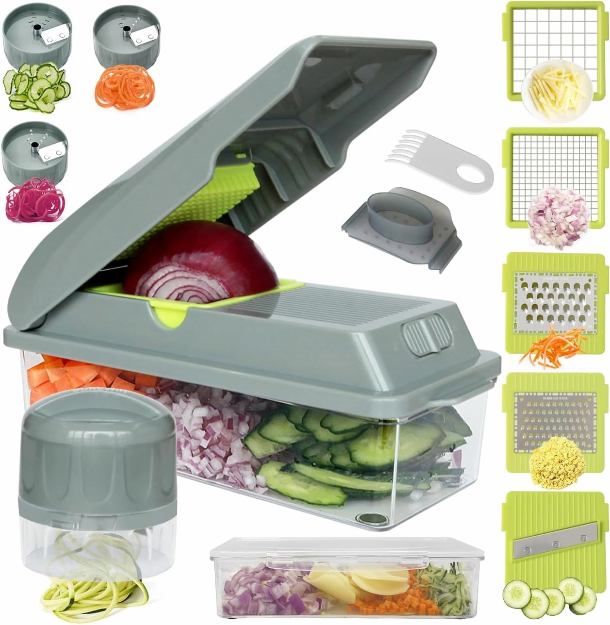 LHS Vegetable Chopper, Multifunctional Food Chopper, Pro Onion Chopper, Vegetable Slicer Dicer Cutter with 5 Blades, Veggie Chopper with Container, 3 in 1 Spiralizer Included(9-in-1,Grey)
