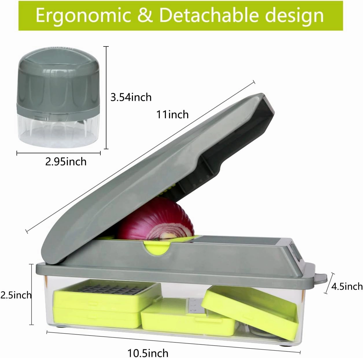 LHS Vegetable Chopper, Multifunctional Food Chopper, Pro Onion Chopper, Vegetable Slicer Dicer Cutter with 5 Blades, Veggie Chopper with Container, 3 in 1 Spiralizer Included(9-in-1,Grey)