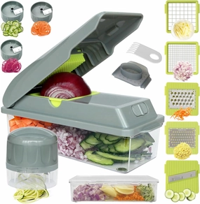 LHS Vegetable Chopper, Multifunctional Food Chopper, Pro Onion Chopper, Vegetable Slicer Dicer Cutter with 5 Blades, Veggie Chopper with Container, 3 in 1 Spiralizer Included(9-in-1,Grey)