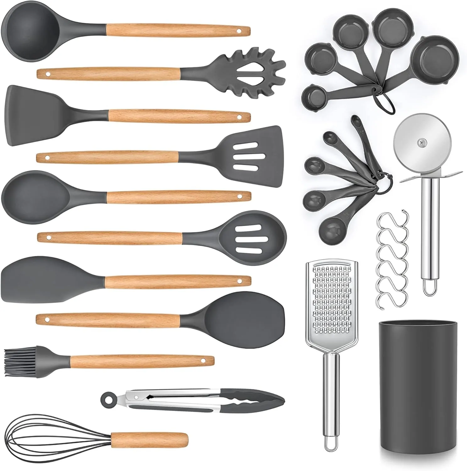 LIANYU 30 PCS Silicone Cooking Utensils Set with Organizer, Silicone Kitchen Essential Utensil Set with Wooden Handle, Kitchen Cookware Gadgets Tools, Kitchen Cooking Tool Heat Resistant, Gray