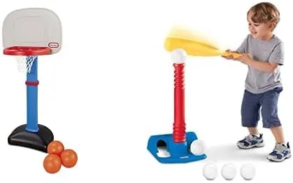 Little Tikes T-Ball Set & Easy Score Basketball Set - 3 Ball Bundle, Red, Plastic, Outdoor, Adjustable Height, Wall Mount, 5 Balls