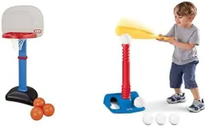 Little Tikes T-Ball Set & Easy Score Basketball Set - 3 Ball Bundle, Red, Plastic, Outdoor, Adjustable Height, Wall Mount, 5 Balls