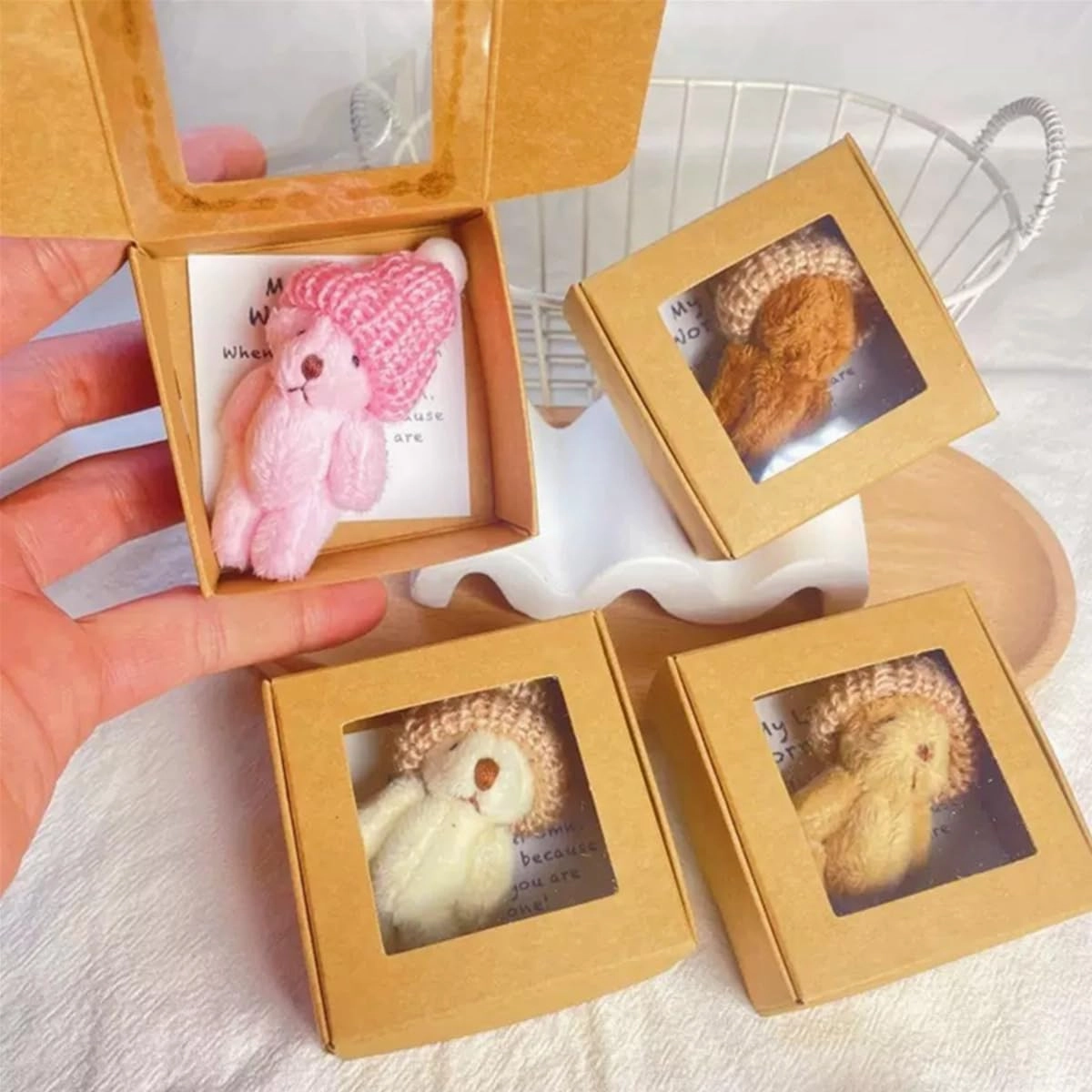 Little Bear in Box, Pocket Bears Hug, Handmade Mini Plush Teddy Bear in Box, Emotional Uplifting Support Stuffedwith Inspirational Card Gifts for Christmas and Valentine's Day & Mother's Day (4pcs)