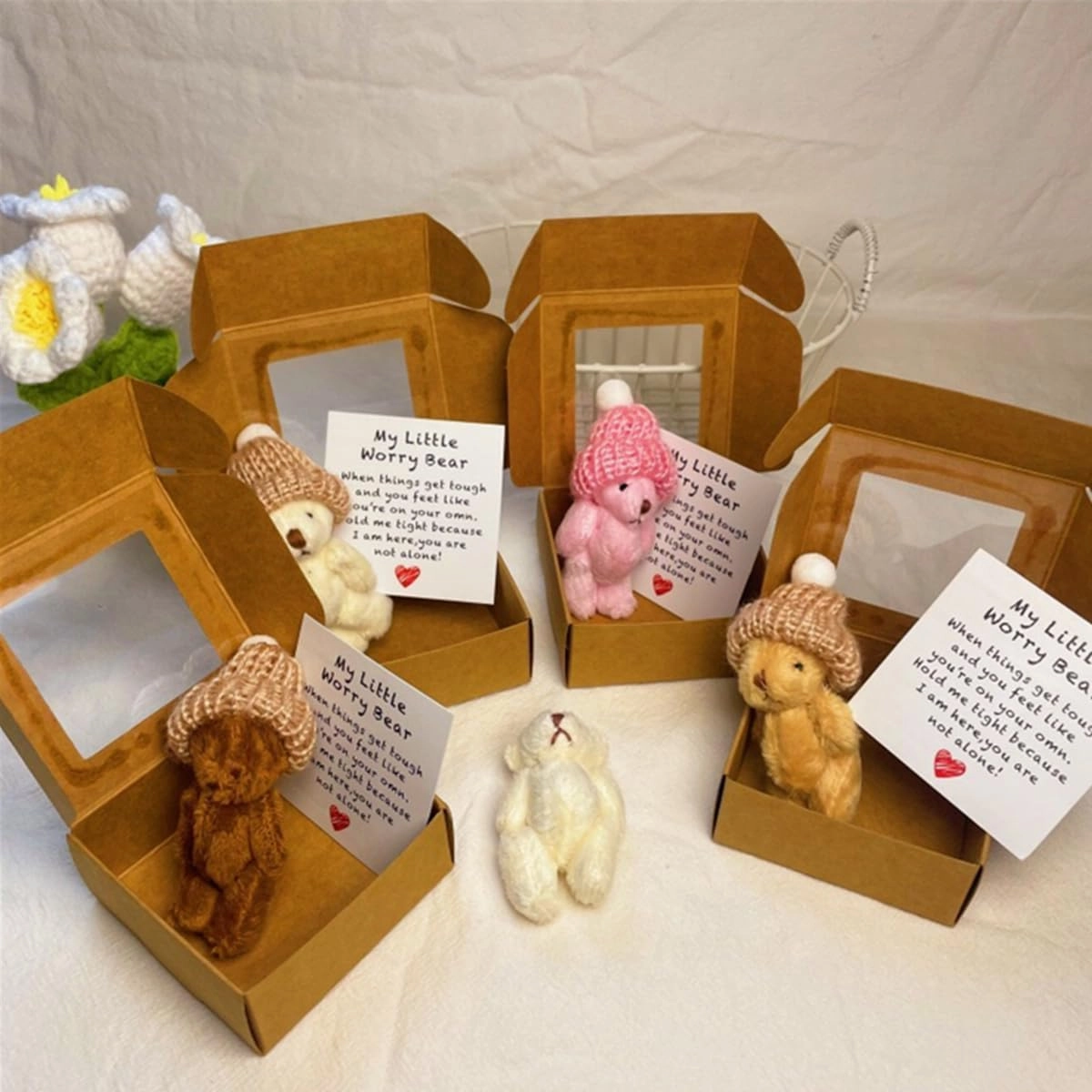 Little Bear in Box, Pocket Bears Hug, Handmade Mini Plush Teddy Bear in Box, Emotional Uplifting Support Stuffedwith Inspirational Card Gifts for Christmas and Valentine's Day & Mother's Day (4pcs)