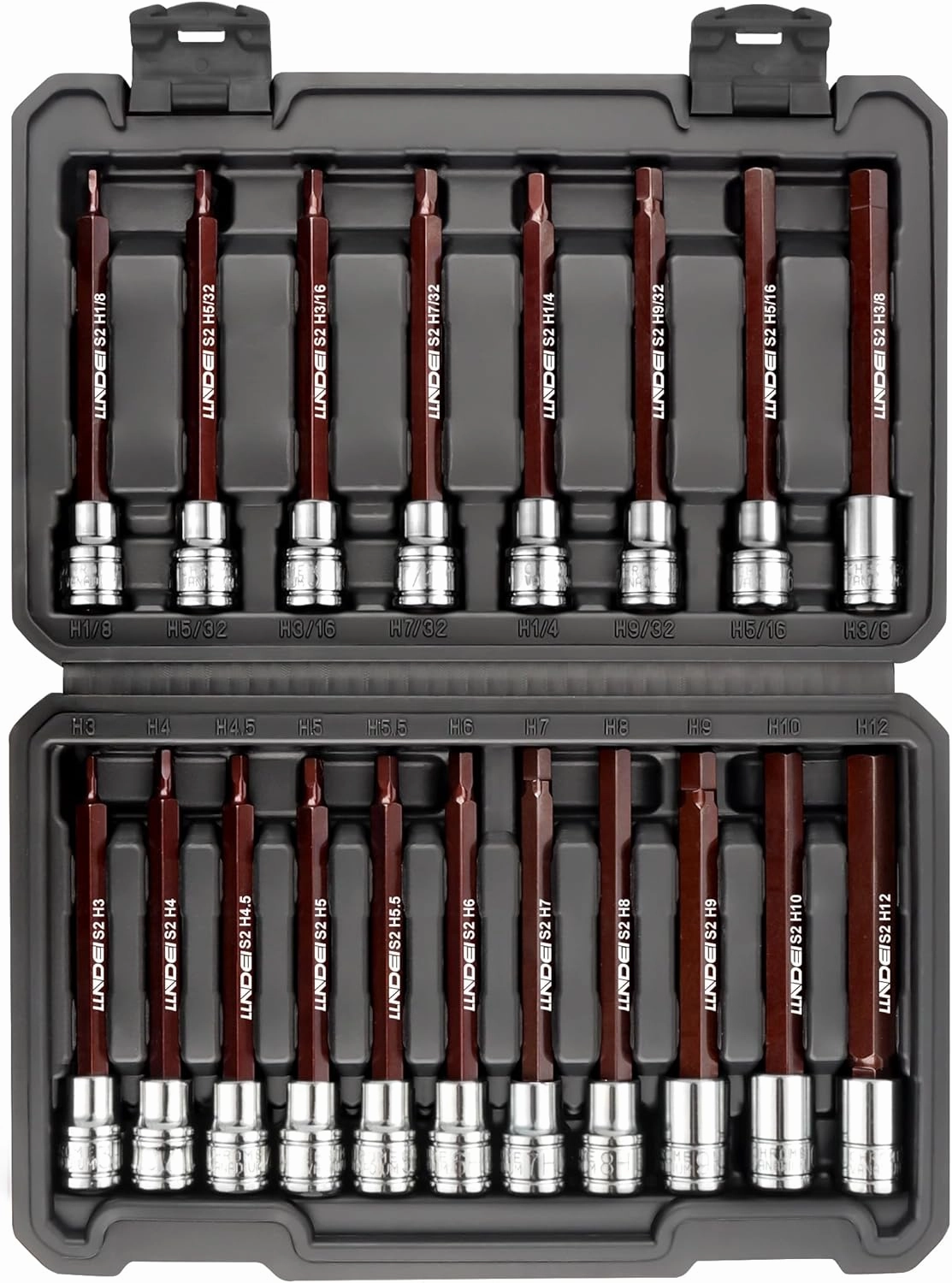 LLNDEI 3/8-Inch Drive Extra Long Allen Hex Bit Socket Set 19PCS- Standard SAE & Metric (1/8"-3/8", 3-12mm), CR-V&S2 Alloy Steel, Durable Tool Accessories Kit for Mechanics