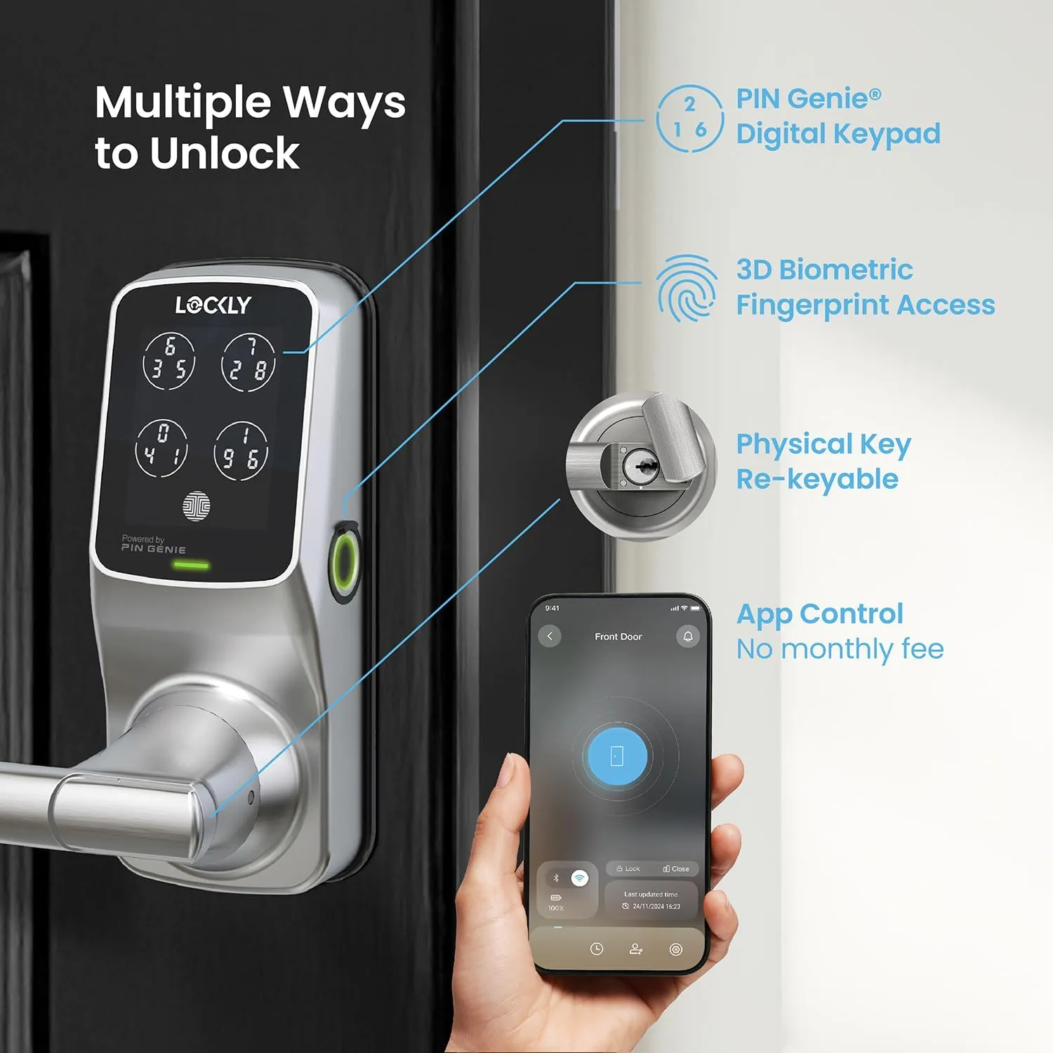 Lockly Secure Pro Smart Lock Wi-Fi, Keyless Entry Digital Keypad Door Lock, 3D Biometric Fingerprint Sensor Front Door Lock with Handle, Voice Control & Auto Lock - Latch Edition