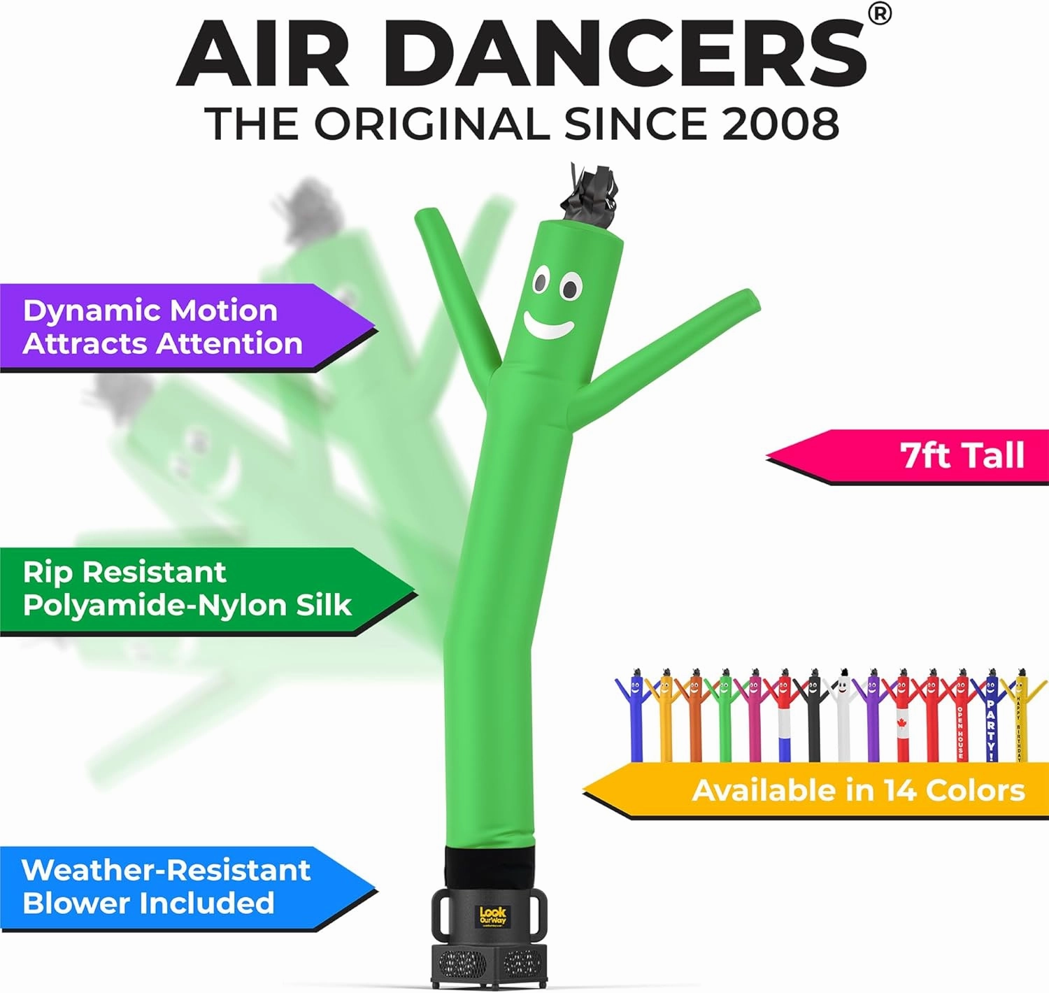 LookOurWay Air Dancers Wacky Waving Inflatable Tube Man Set - 7ft Tall Advertising Air Dancer Waving Man Inflatable Tube Guy with Sky Dancer Blower - Green