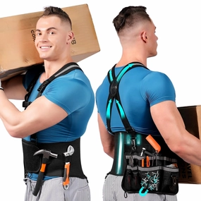 Lower Back Brace with Suspenders ,Back Support Belt for Men & Women , Adjustable Work Back Brace for Moving Construction Warehouse Heavy Lifting for Lower Back Pain Relief With Removable Tool Bag (Black, Medium)