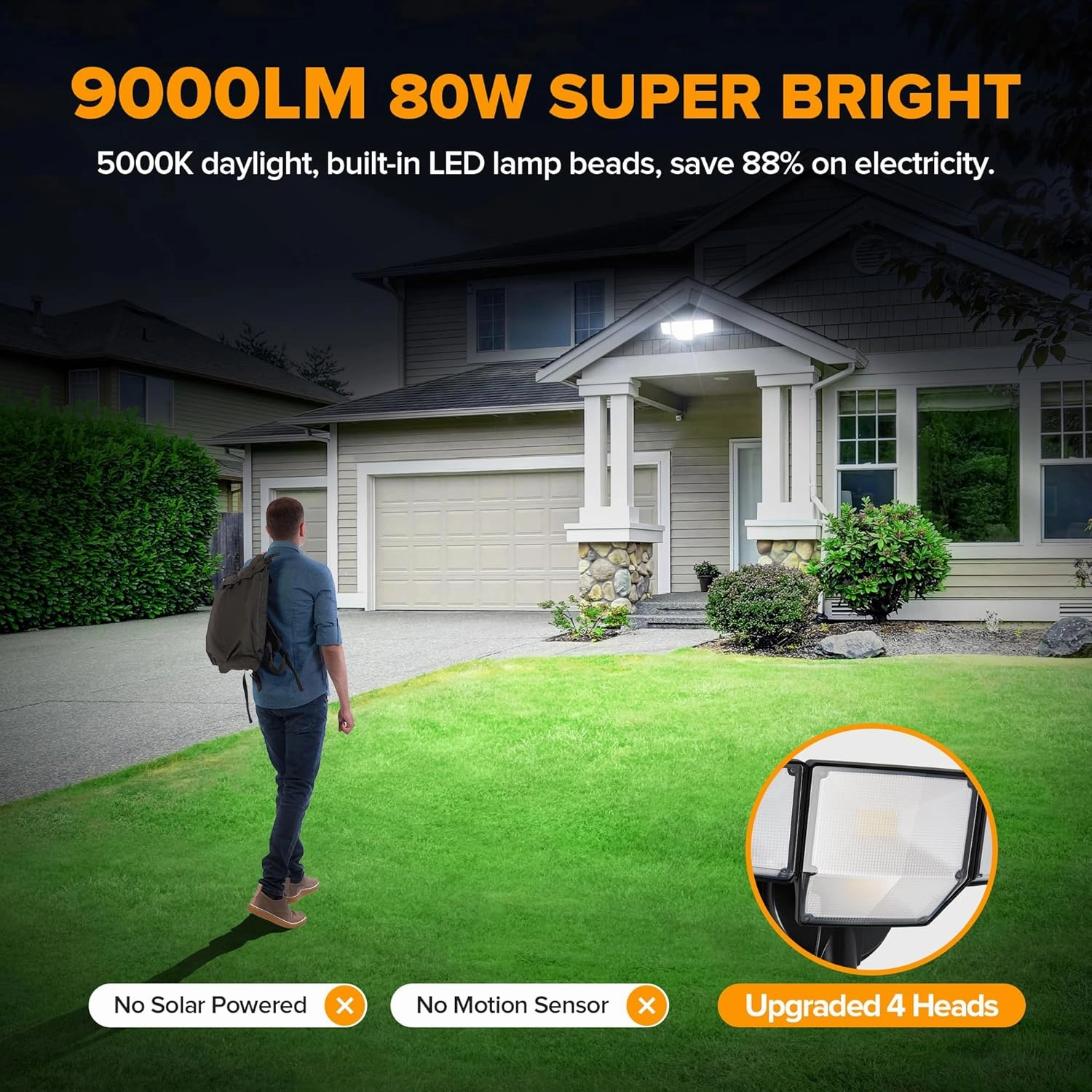 LUTEC 80W Dusk to Dawn Flood Lights Outdoor, 9000LM Super Bright LED Security Light with Photocell, IP65 Waterproof, 5000K Daylight, 4 Heads Floodlight for Garage, Yard (Black)