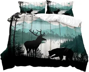 LUVIVIHOME 3PCS Black Bear Deer Duvet Cover, King Bedding, Cabin Rustic Bedding, Teal Mountain Forest Animal Wildlife Hunting Lodge Quilt Comforter Cover Country Farmhouse Bedroom Decor 2 Pillow Shams